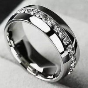 New Unisex High Polish Silver Titanium Diamond Eternity Wedding Ring Band